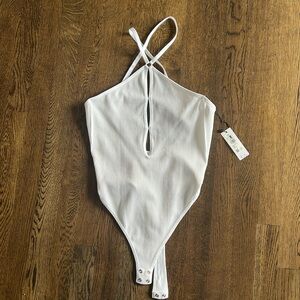 Cross strap white bodysuit tank top